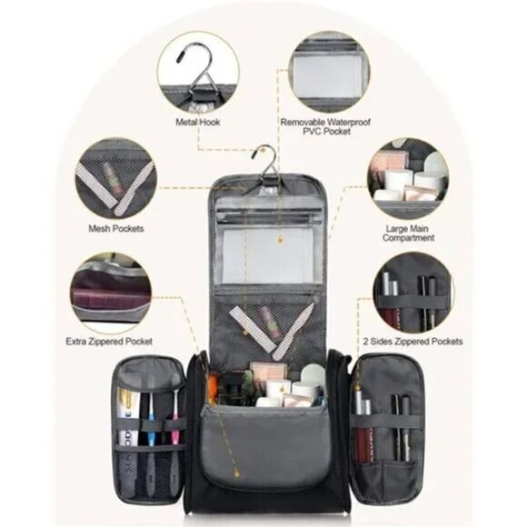 Toiletry Bag for Women & Men,Water-resistant Travel Makeup Bag with Hanging Hook - Picture 2 of 7